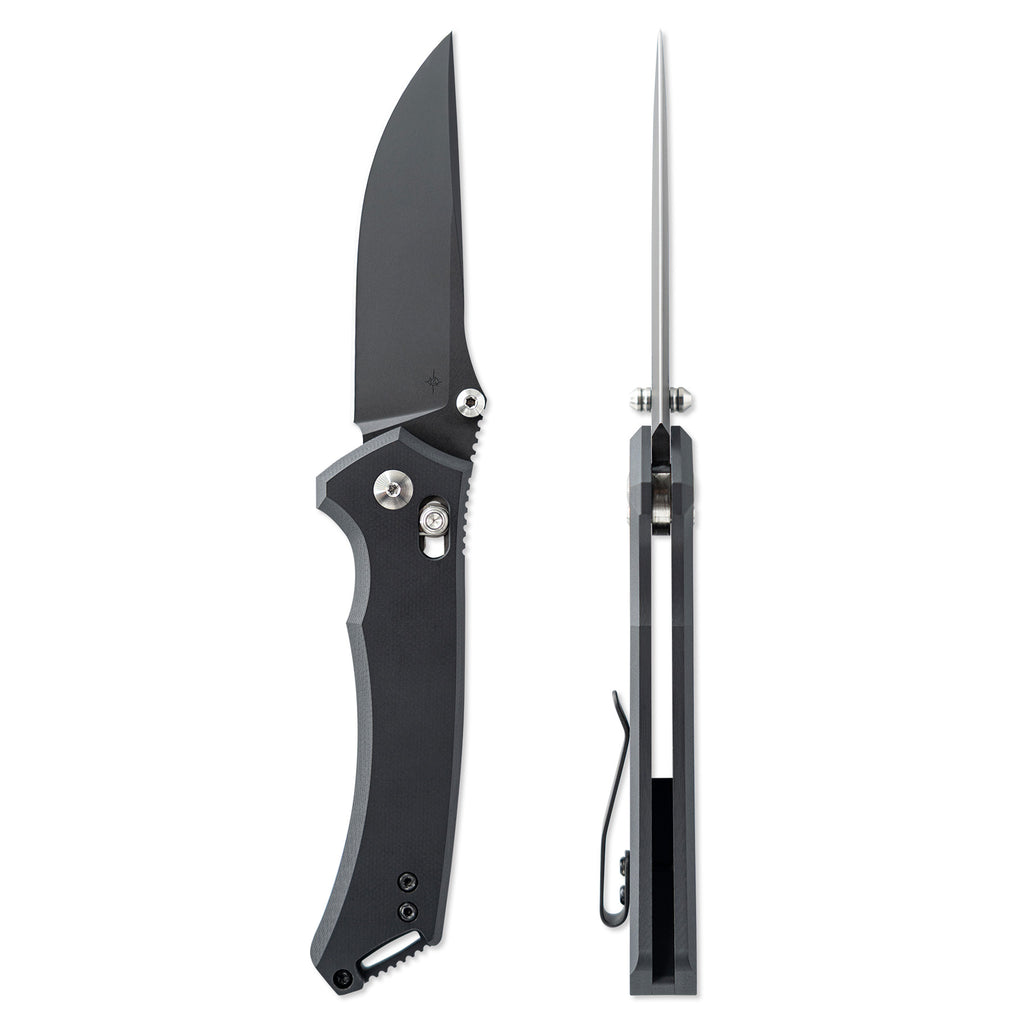 Black folding knife with a metallic blade on a white background