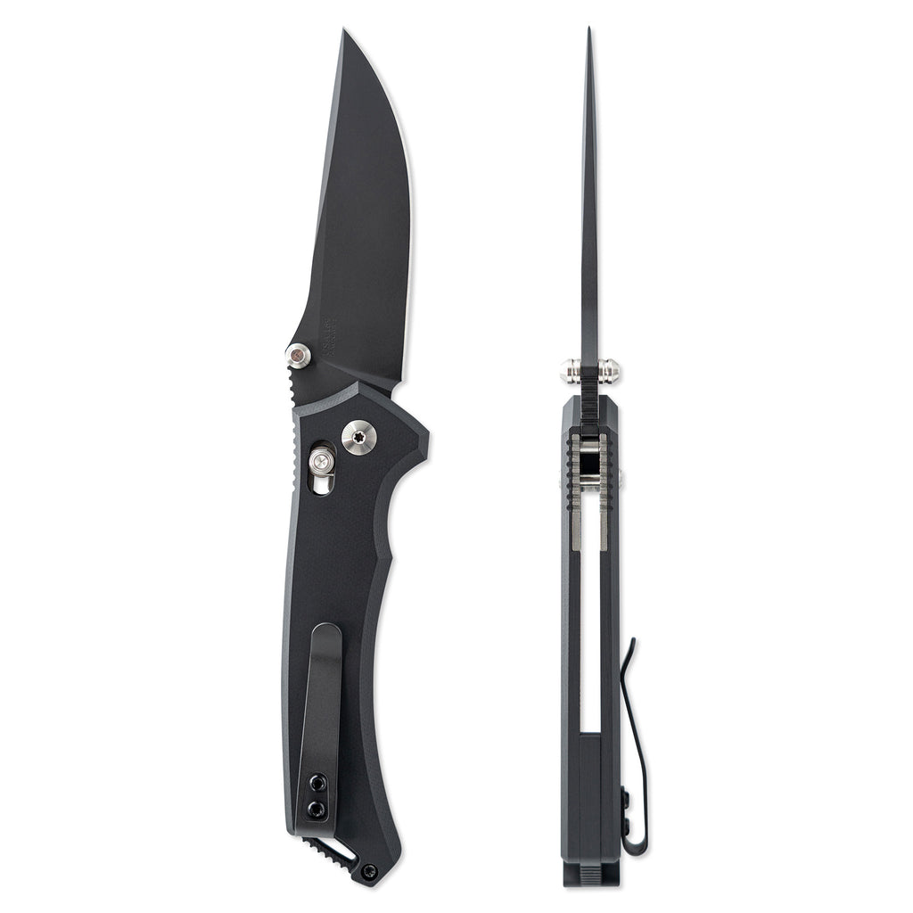 Black folding knife and black pocket knife on a white background